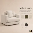 Velora Soft Armchair customization options showing linen blend, velvet, bouclé, white and charcoal upholstery