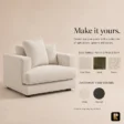 Velora Soft Armchair customization options showing linen blend, velvet, bouclé, white and charcoal upholstery