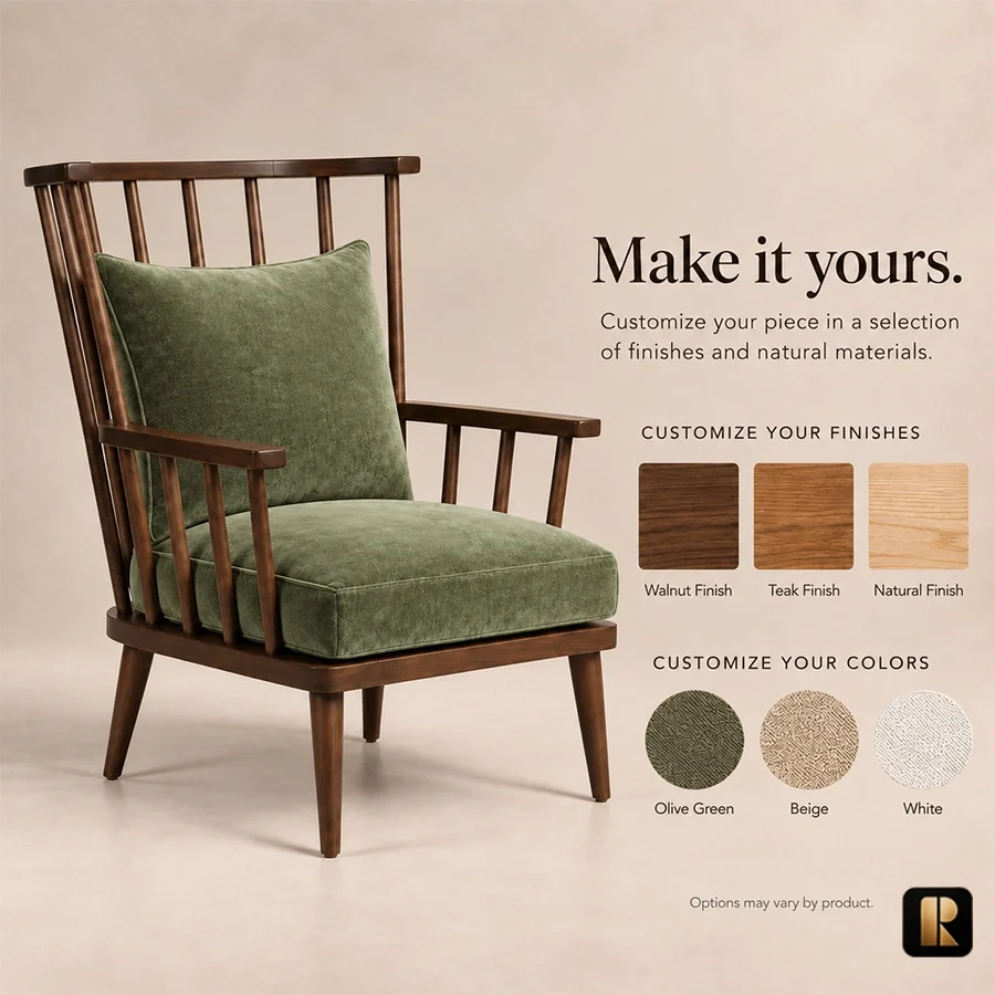 windsor-nest-armchair-finish-fabric-options-view. Windsor Nest armchair customization options showing walnut finish and fabric choices