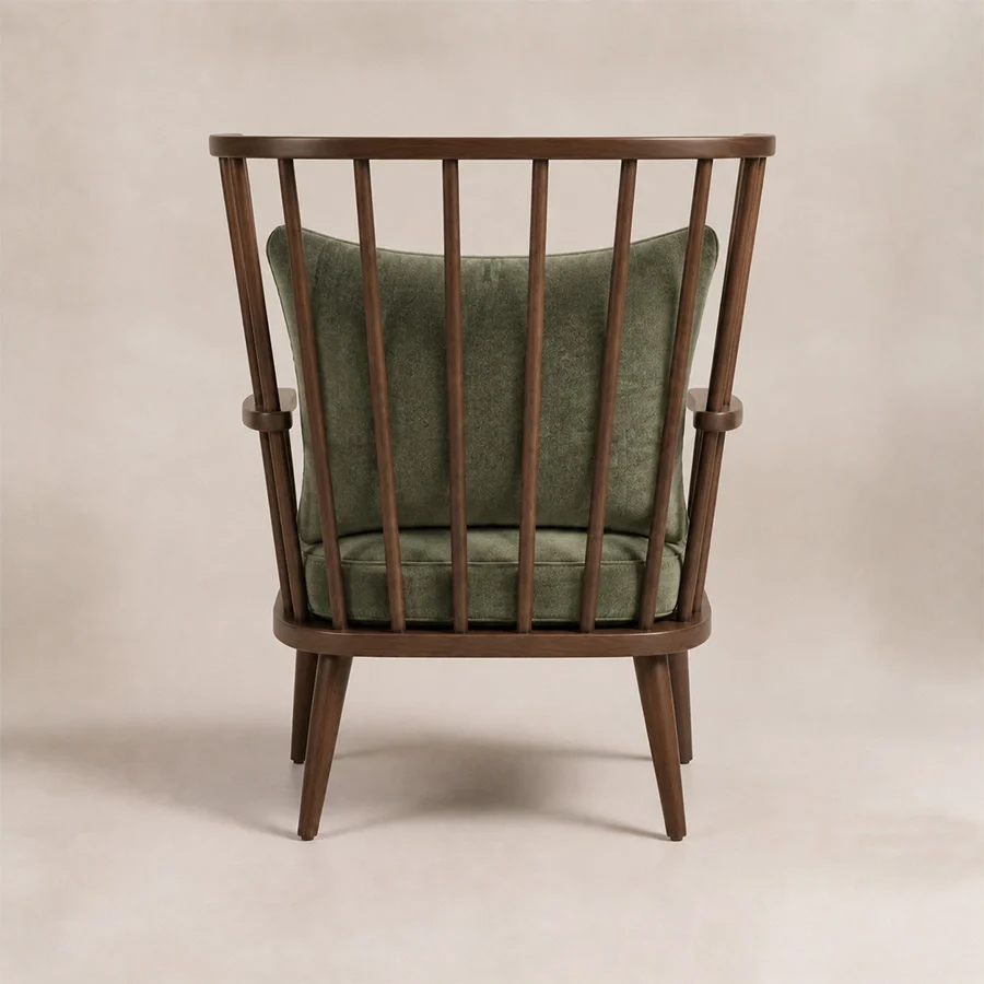 windsor-nest-spindle-armchair-back-view. Rear view showing the open spindle back and curved wooden top rail