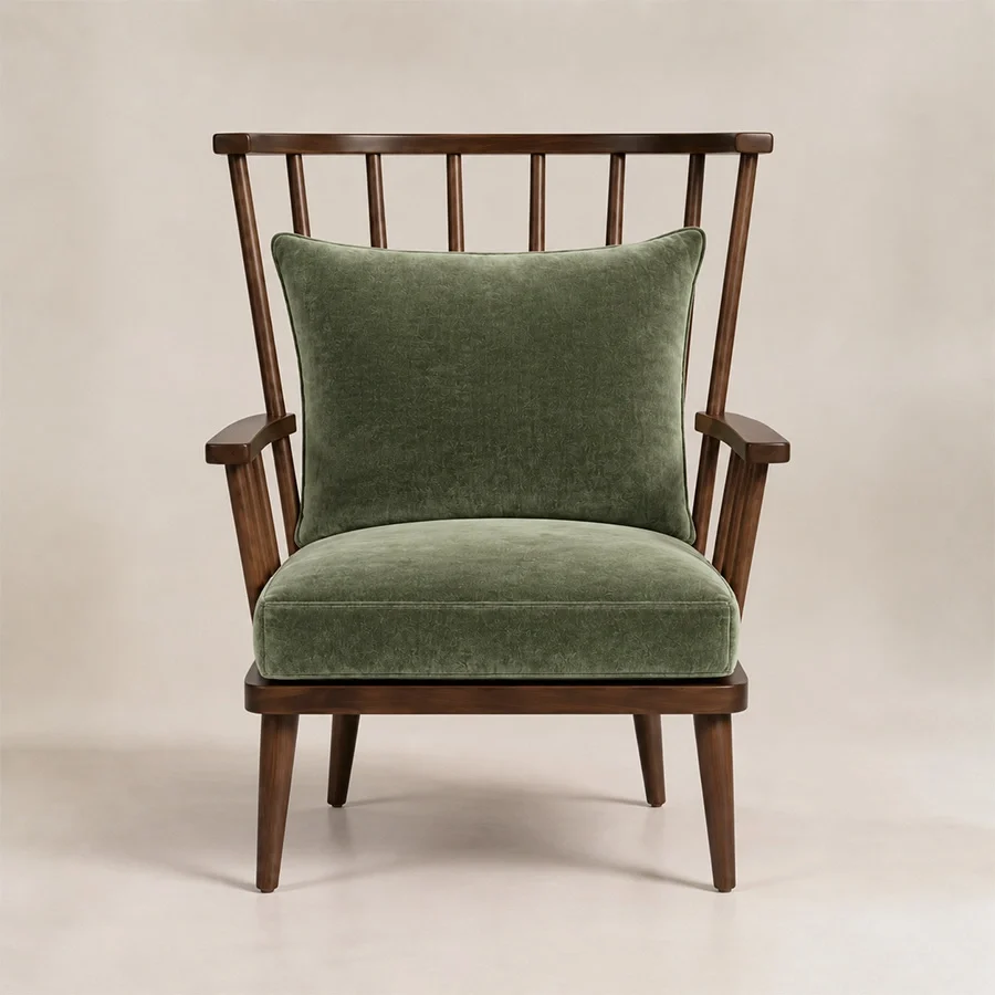 windsor-nest-spindle-armchair-front-view. Front view of the Windsor Nest spindle armchair with striped upholstered cushions