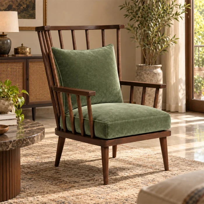 Windsor Nest spindle armchair styled in a warm contemporary room