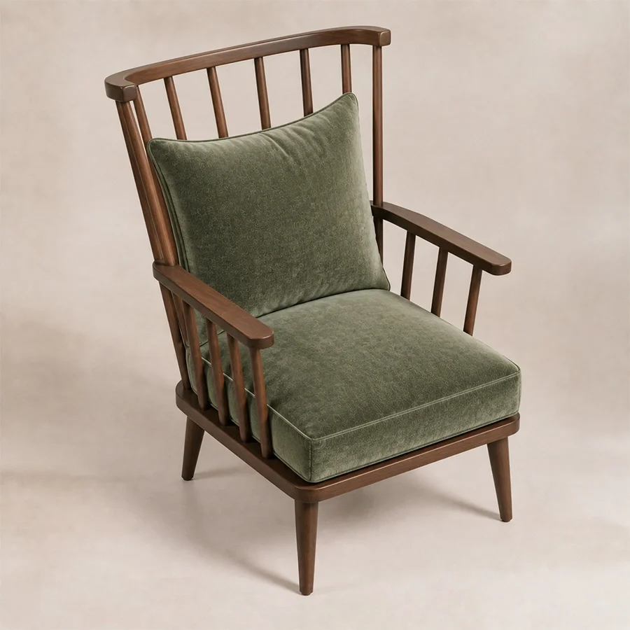 windsor-nest-spindle-armchair-three-quarter-view. Three-quarter view of the Windsor Nest armchair with cushioned seat and high back