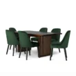 dining set with brown table and green velvet chairs