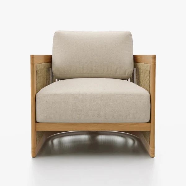 Meridian Outdoor Sofa Set - 1 Seater (2) Meridian outdoor sofa set single chair front view with teak frame and beige cushion
