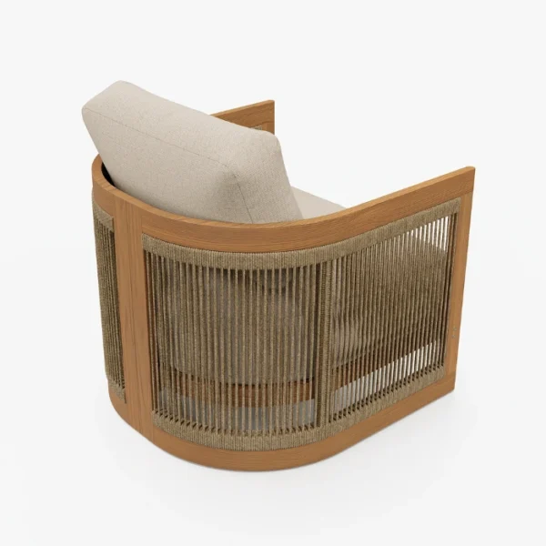 Meridian Outdoor Sofa Set - 1 Seater (3) Meridian outdoor armchair angled back view showing woven rope sides and teak frame