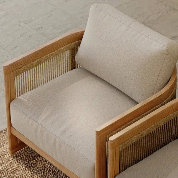 Meridian Outdoor Sofa Set - 1 Seater (4) Close-up of Meridian outdoor chair seat cushion and teak arm details