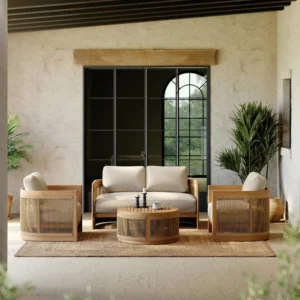 Meridian outdoor sofa set styled on patio with plants, rugs, and round teak coffee table