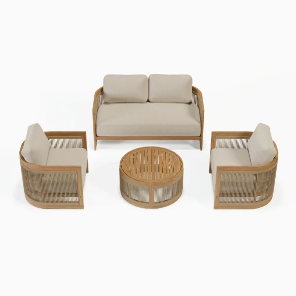Meridian Outdoor Sofa Set - 2 Seater + 2 Chairs (2) Meridian outdoor patio set with 2 seater sofa, two chairs, and round teak coffee table