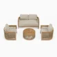 Meridian outdoor patio set with 2 seater sofa, two chairs, and round teak coffee table
