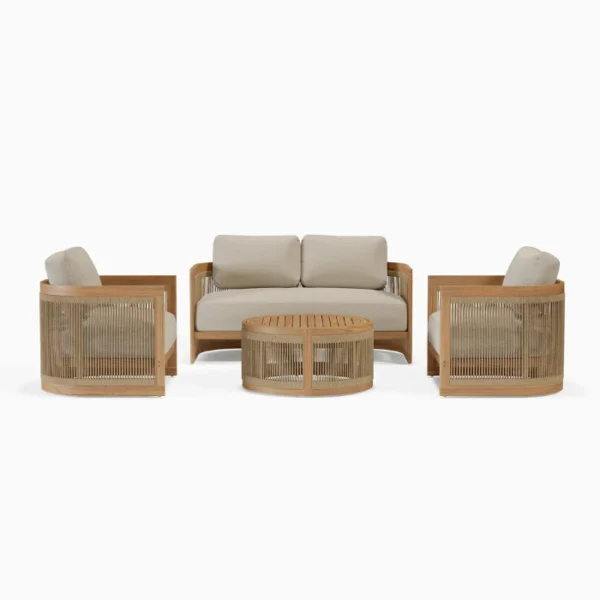 Meridian Outdoor Sofa Set - 2 Seater + 2 Chairs Meridian outdoor seating set top view with 2 seater sofa, two chairs, and round coffee table