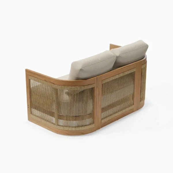 Meridian Outdoor Sofa Set - 2 seater (2) Meridian outdoor 2 seater sofa back angled view with woven rope panels and teak frame