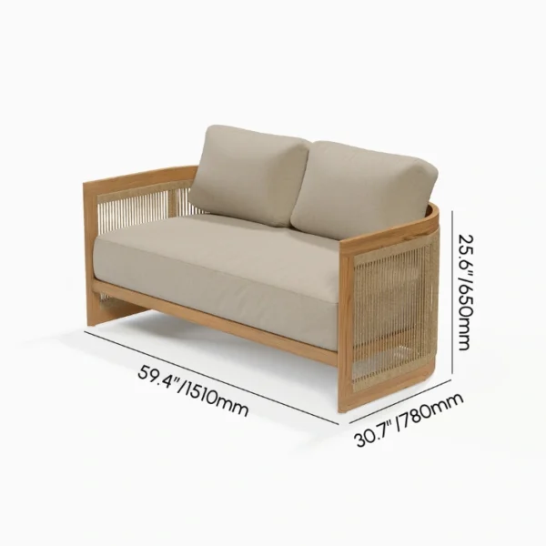 Meridian Outdoor Sofa Set - 2 seater (4) Meridian outdoor 2 seater sofa front angled view with beige cushions and rope sides