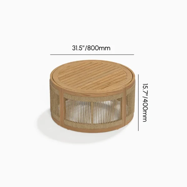 Meridian Outdoor Sofa Set - coffee table (2) Meridian round teak outdoor coffee table with woven rope base front view