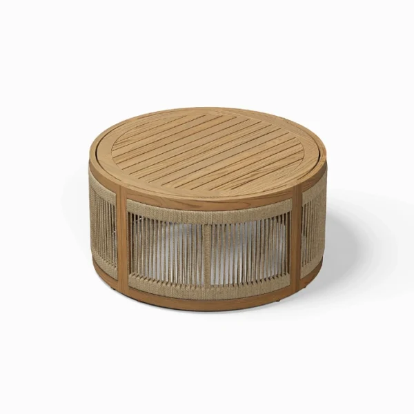 Meridian Outdoor Sofa Set - coffee table Meridian outdoor sofa set styled on patio with plants, rugs, and round teak coffee table