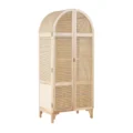Rattanix rattan wardrobe angled view showing arched profile, woven side panels, and wood legs