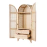 Rattanix rattan wardrobe open view showing hanging rail, shelves, and two drawers