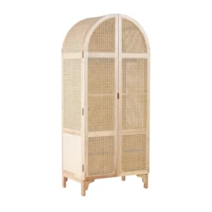 Rattanix rattan wardrobe angled view showing arched profile, woven side panels, and wood legs