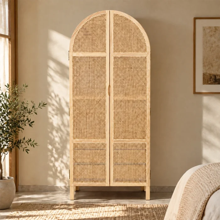 Rattanix Wardrobe styled in a warm bedroom with arched cane doors and raised legs