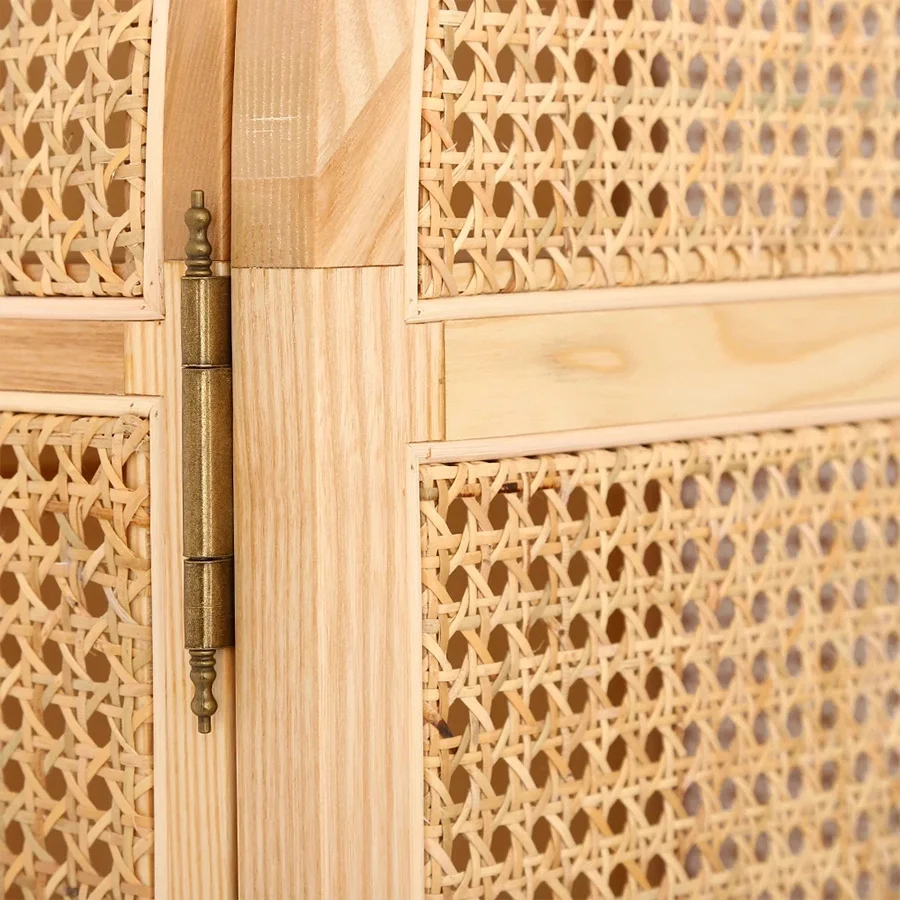 rattanix-wardrobe-closeup-detail-view. Close-up of cane panel, wood frame and metal hinge on the Rattanix Wardrobe