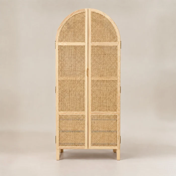 Front view of arched rattan wardrobe with two woven cane doors