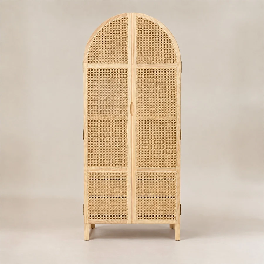 Front view of arched rattan wardrobe with two woven cane doors