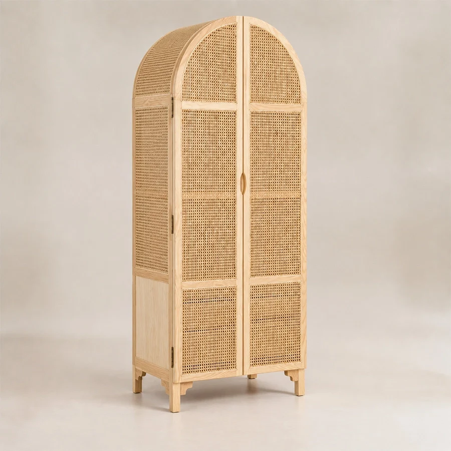 rattanix-wardrobe-angled-view. Angled view of Rattanix Wardrobe with arched cane frontage and natural wood frame