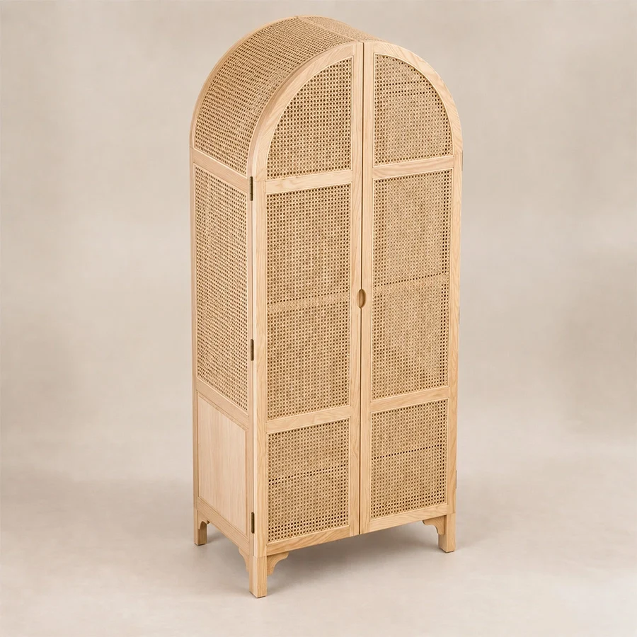 rattanix-wardrobe-top-angle-view. Elevated angled view highlighting the curved top and woven cane panels of Rattanix Wardrobe