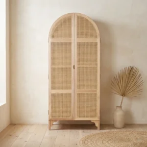 Rattanix rattan wardrobe in ash wood, full front view with arched cane doors