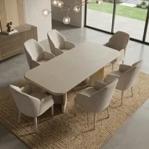 upper angled view of dining table with matching chairs