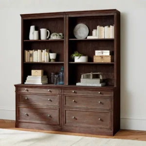 brown wooden bookshelf cabinet in simple background