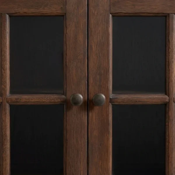 Stalwart Glass Door Cabinet - Brown Wash (4)_ close view of knob and glass door of cabinet