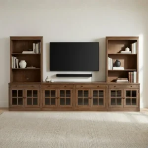 brown wash grand media console in simple room