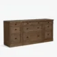 angled view of brown console table