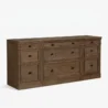 angled view of brown console table