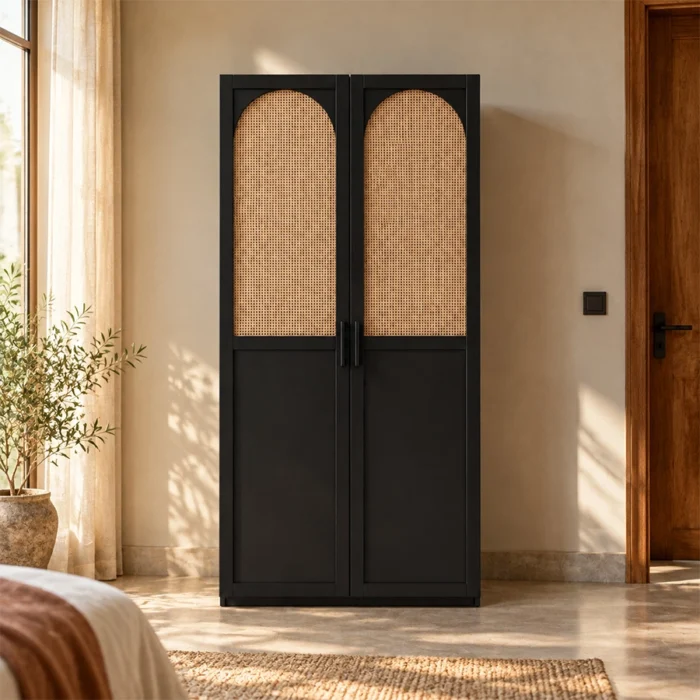 2-door Tressel Cane Wardrobe styled in a contemporary bedroom interior