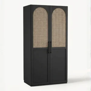 Black cane wardrobe with two arched rattan panel doors, 100cm width, angled front view on white background.