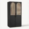 Black cane wardrobe with two arched rattan panel doors, 100cm width, angled front view on white background.