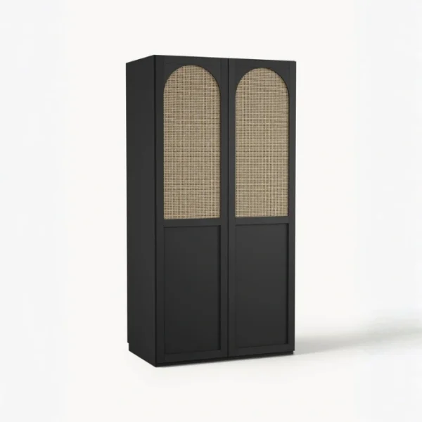 Tressel Wardrobe - 100cm (2) Black cane wardrobe with two arched rattan panel doors, 100cm width, angled front view on white background.