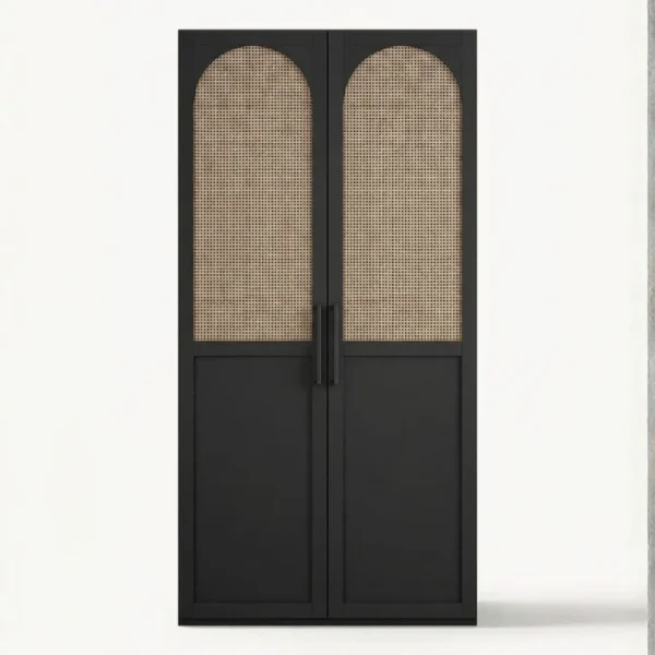 Tressel Wardrobe 100cm (3) Front view of black 2 door cane wardrobe with arched rattan panels, 100cm wide, studio white background.