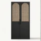 Front view of black 2 door cane wardrobe with arched rattan panels, 100cm wide, studio white background.