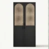 Front view of black 2 door cane wardrobe with arched rattan panels, 100cm wide, studio white background.