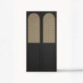 Front view of black 2 door cane wardrobe with arched rattan panels, 100cm wide, studio white background.