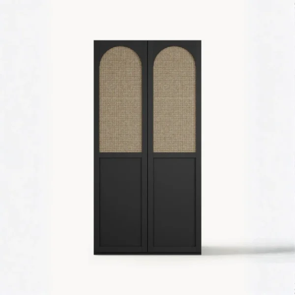 Tressel Wardrobe - 100cm (3) Front view of black 2 door cane wardrobe with arched rattan panels, 100cm wide, studio white background.