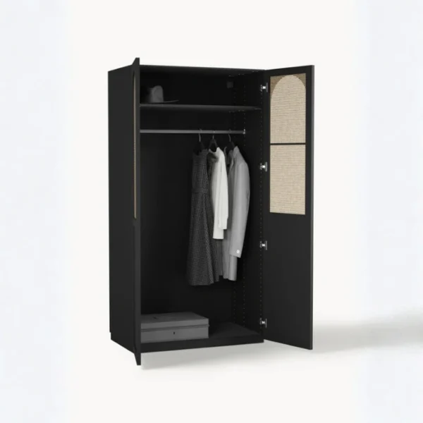 Tressel Wardrobe - 100cm (5) Open black cane wardrobe showing hanging rail and top shelf, 100cm wardrobe interior view.