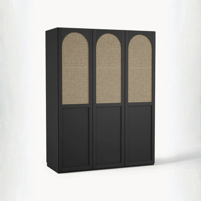 Angled view of black 150cm cane wardrobe with three arched rattan doors, studio white background.