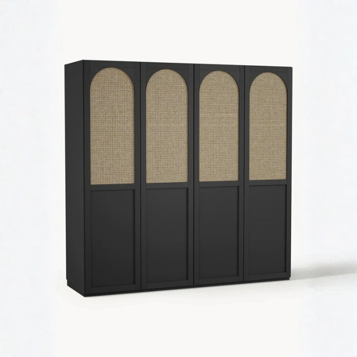 Angled view of black 200cm cane wardrobe with four arched rattan doors, modern minimalist look.