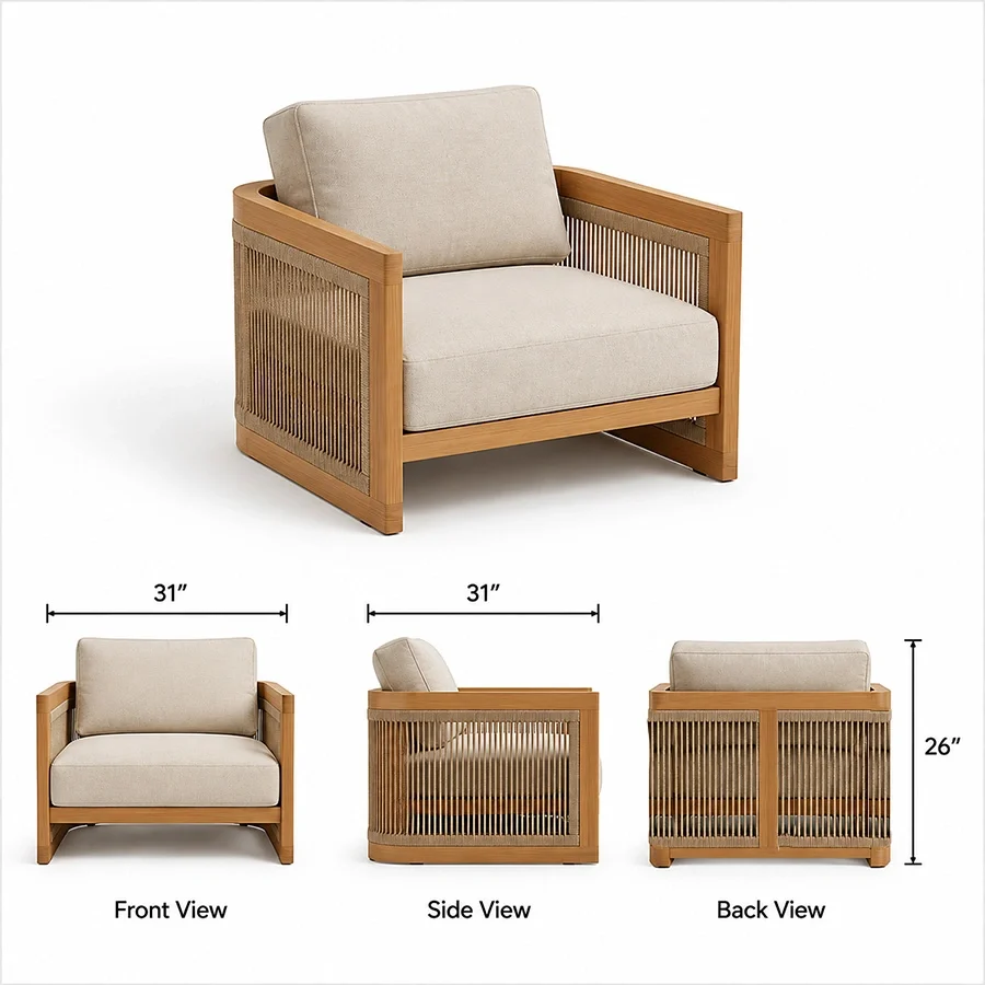 Meridian lounge chair dimensions, 31 inches wide, 31 deep and 26 high