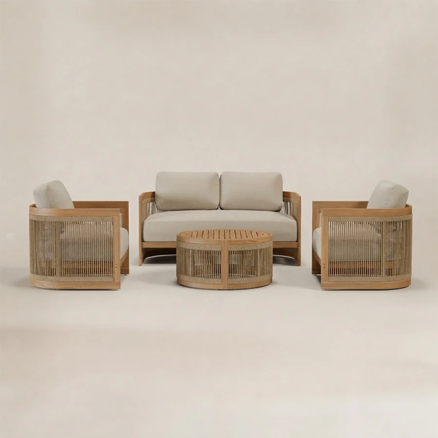 Meridian outdoor sofa set with 2-seater, two lounge chairs and round coffee table