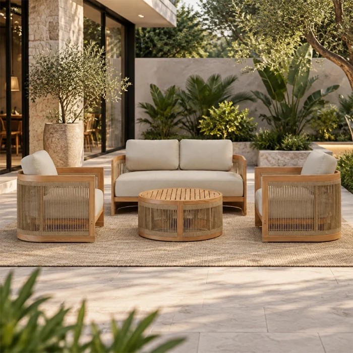Meridian outdoor sofa set arranged on a contemporary garden patio